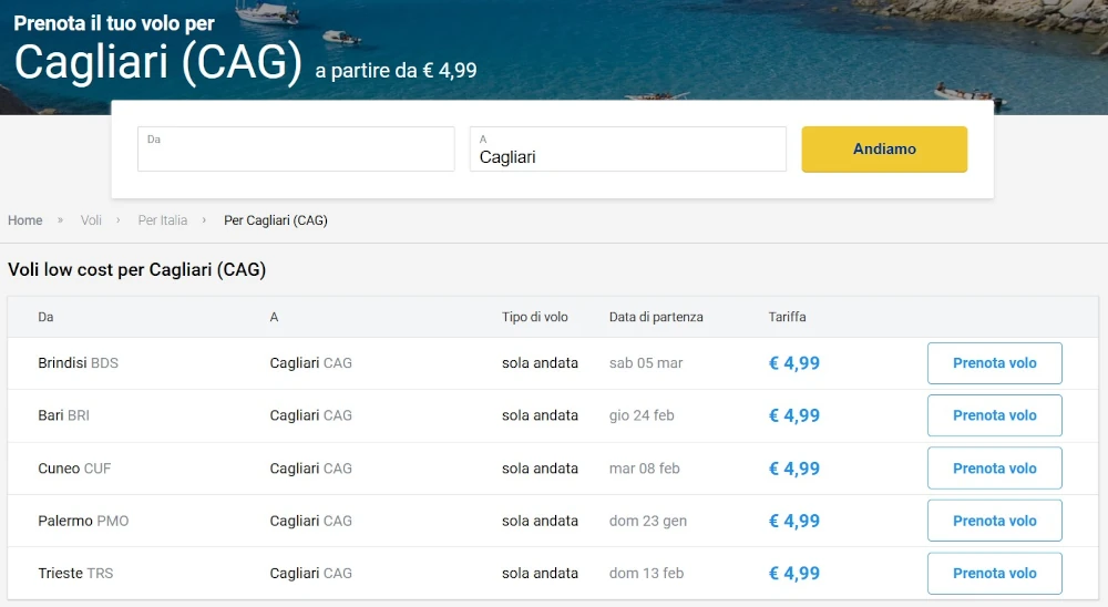 Esempio voli per Cagliari a 4,99€